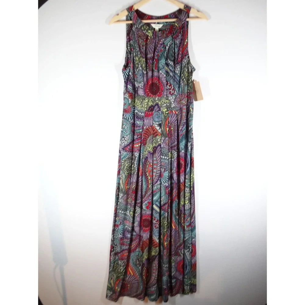 Soma Maxi Dress Womens Medium Multi Paisley Boho Sleeveless Stretch Casual Beach